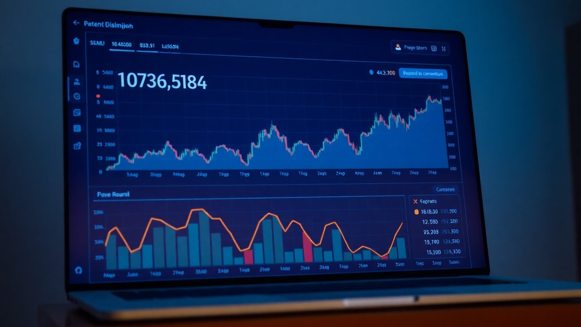 Dashboard de tranzacționare cu indicatori de conexiune broker în tonuri azure